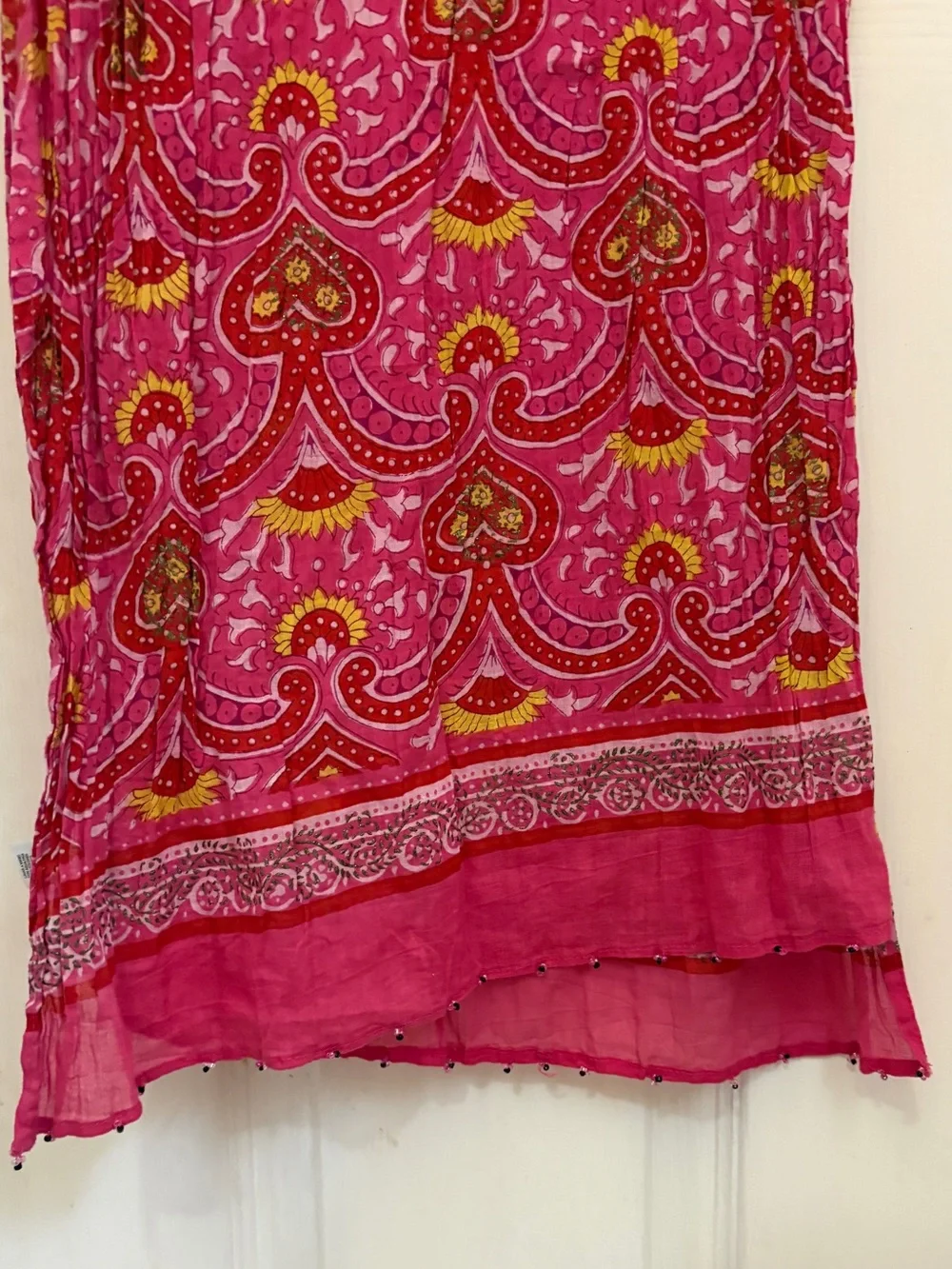 Vibrant Pink, Red, and Yellow Scarf with Glitter and Bead Details